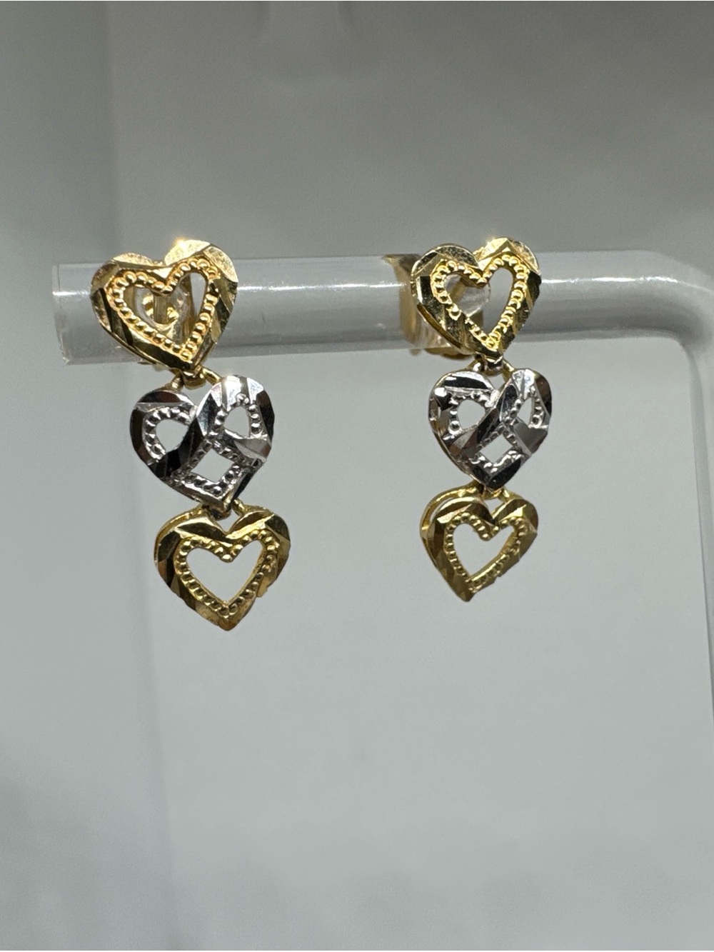 Vintage 10k Yellow White Gold diamond cut heart Drop Dangle Earrings Two Tone